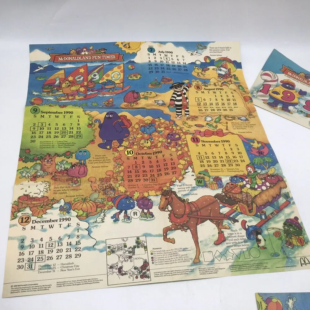 McDonald McDonaldLand Fun Times 1990s Calendar Fold Out Paper Poster + Postcards